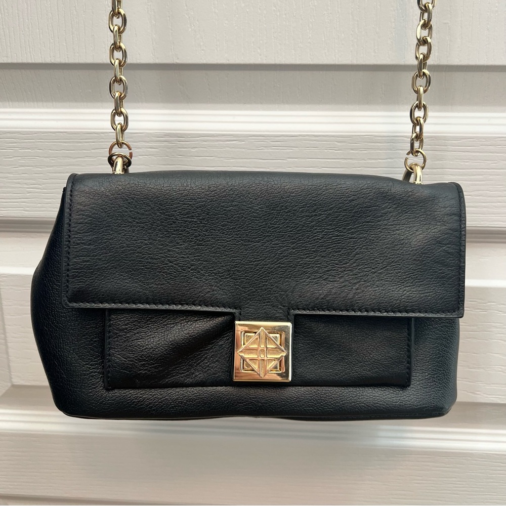 Antonio Melani Black Leather Shoulder Bag Tassel Gold Chain Strap Turn Lock